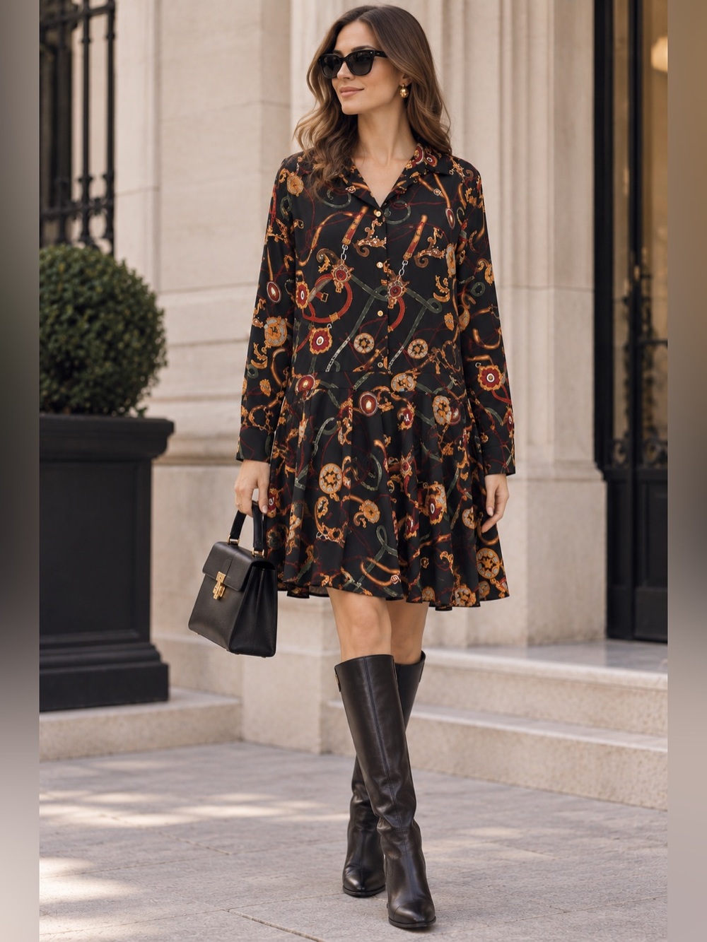 ZARA Basic Equestrian Chain & Harness Print Shirt Dress Belted Long Sleeve
